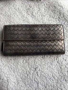 Bottega Veneta Intrecciato Flap Continental Wallet Metallic Pewter Woven Leather